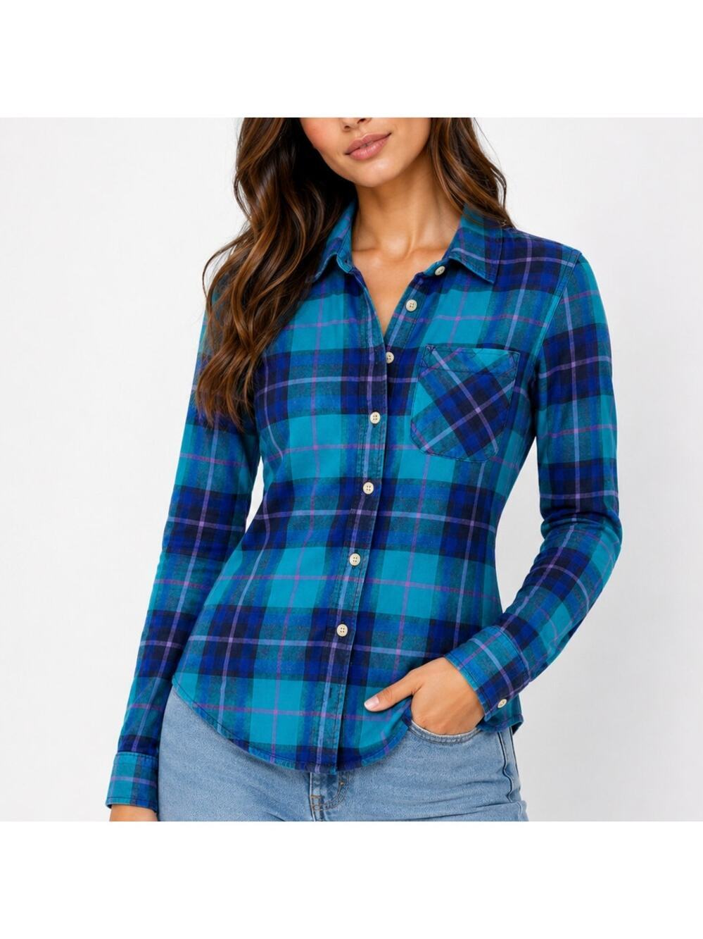 American Eagle Blue Plaid Long Sleeve Button Down